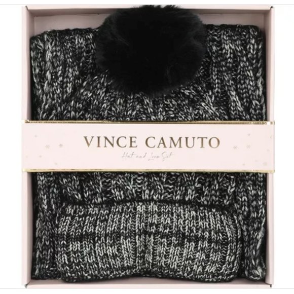 NWT VINCE CAMUTO 2 PIECE GLITTER CABLE KNIT HAT & LOOP SET - BLACK O/S $58 - Picture 1 of 10
